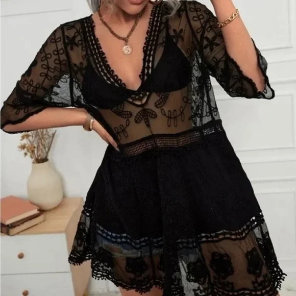 Bohemian Embroidered Floral Lace Sheer Mesh Top Swimsuit Coverup - Picture 3 of 8